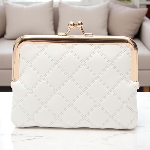 Generic 1Pcs Money Pouch for Traveling Solid Diamond Embossed Snap & Clip Wallet PU Leather White 13x10cm - Main Image