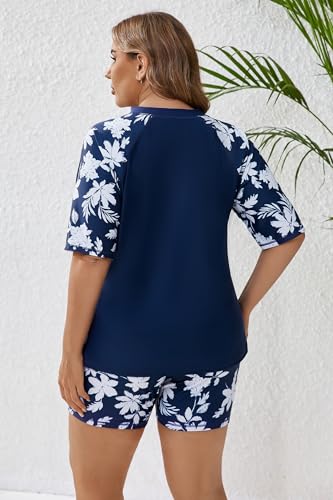 Womens Two Piece Plus Size Short Sleeve Rash Guard Sets Modest Swim Shirts Top and Shorts UPF50+ Swimsuit4