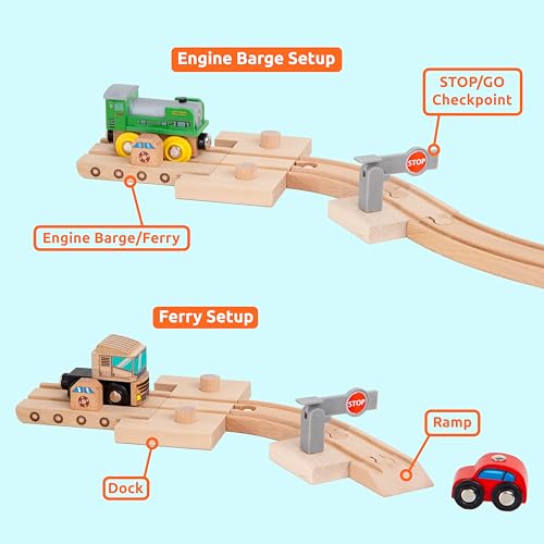 wooden train tracks 68 pcs expansion pack with arched bridge engine barge dock stop amp go checkpoint signal pole cross track  compatible with thomas brio wooden railways by orbrium