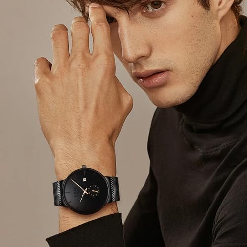 LIGE Mens Watch | Waterproof Wrist Gents Black Vintage Watches for Men 3ATM Water-Resistant Quartz with Date Stainless Steel Business Casual Retro Minimalist Analog Thin Wristwatch