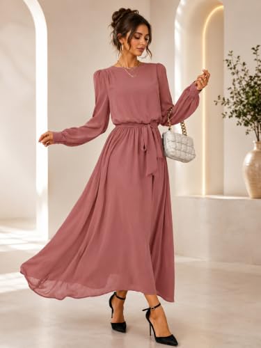 Image of LITZO Women's One Piece Dress - Georgette Solid Color Western Gown | Long Sleeve Round Neck Fit & Flare Flared Hem Design | A-Line Maxi Dress for Women | New Year Party Outfit (NO-14-16)