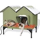 Heated Cat House for Outside Winter, Large Heated Outdoor Cat House Weatherproof, Elevated Bed, Escape Door, Insulated Outdoor Cat Shelter with Heater for Multiple Cats Feral Stray Kitty, Easy Setup