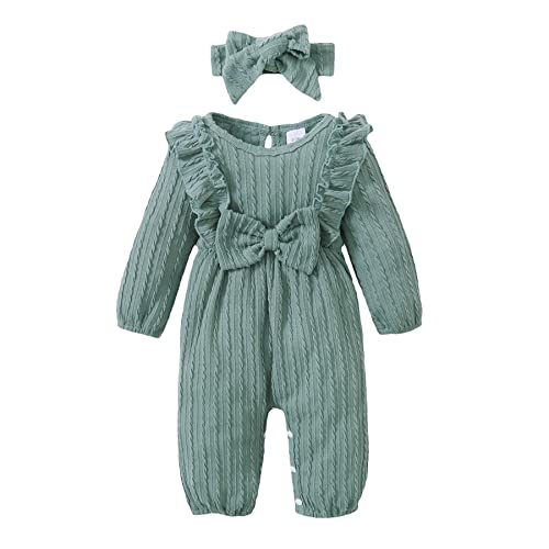 Image of Happy Town Baby Girl Romper Infant Fall Winter Clothes Ruffle Sweater Long Sleeve Bodysuit Jumpsuit and Headband