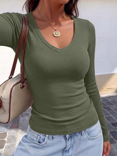 Image of ANRABESS Long Sleeve Shirts for Women Fall V Neck Slim Fit Tops Basic Tee