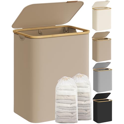 SONGMICS Wäschekorb mit Deckel, Wäschesammler mit 2 Fächern, 130 L, herausnehmbarer Wäschesack, Oxford-Gewebe, Griffe aus Bambus,...