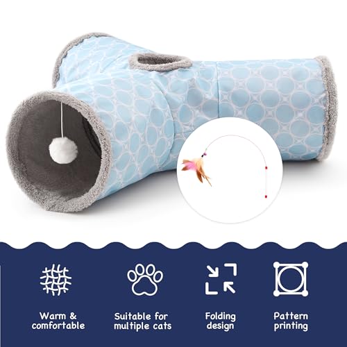 Image of Tempcore Cat Tunnel for Indoor Cats, 3 Way Collapsible Pet Play Tunnel with Teaser Wand, Peek Holes & Hanging Ball, Interactive Tube for Kittens & Rabbits, Geometry Blue
