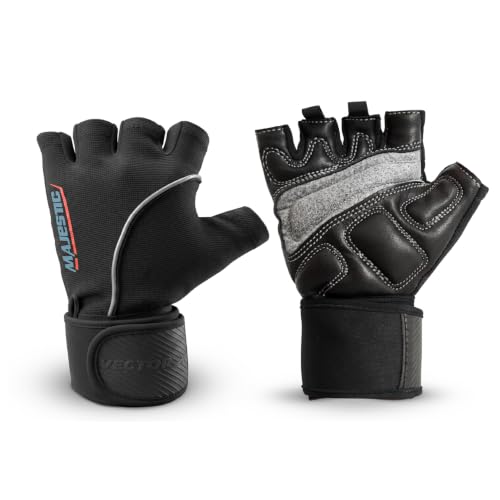 Image of Vector X Majestic Unisex Leather High Grip Padded Sports Gloves, Breathable, Professional Weightlifting, Football, Fitness Training & Gym Workout|Half-Finger Length, Wrist Wrap for Protection|Black|L