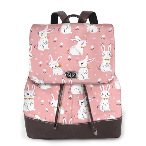Sac à dos en cuir pour femme et son tendre imprimé lapin blanc poétique
