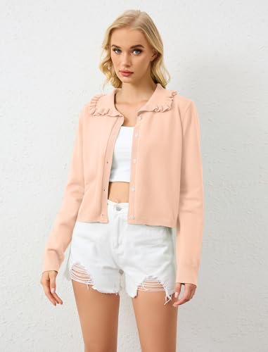 Image of Ythomm Womens Ruffle Collar Cropped Cardigans Button Down Open Front Long Sleeve Knit Sweater Jackets Casual Solid Fall Tops