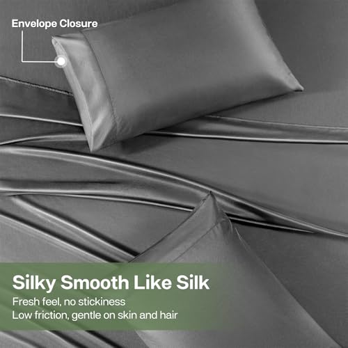 MR&HM King Size Sheets Set, 4-Piece Cooling Sheets, Rayon Derived from Bamboo & Polyester Blend, Soft & Silky, 15" Deep Pockets with Elastic Straps, Hotel Luxury for Hot Sleepers, Grey