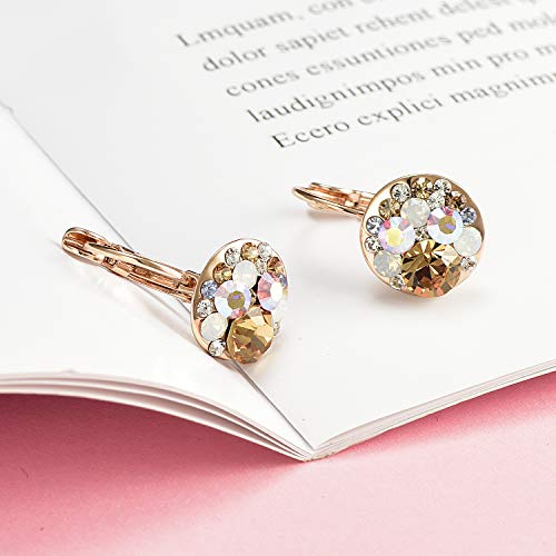 Multicolored Austrian Crystal Drop Earrings For Women 14K Gold Plated Hypoallergenic Leverback Dangle Earrings (Yellow Main Crystal/Rose Gold-Tone) #TOP4