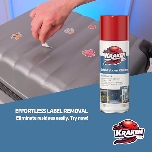 Image of KRAKEN BOND Label & Sticker Remover Spray - (12x5oz) Quick-Dissolve Adhesive Remover Spray with Citrus Scent, Removes Tar, Tape & Bumper Stickers on Multiple Surfaces, No Damage to Paint, 12 Pack