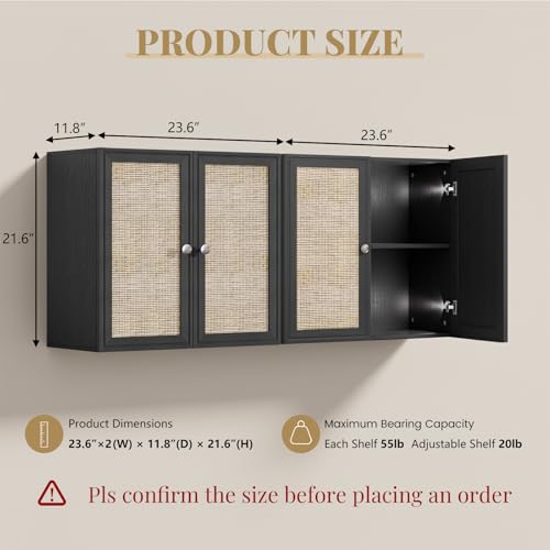 Image of Laundry Room Cabinets with Lights, 24INCH Bathroom Cabinets Wall Mounted with Adjustable Shelves, Rattan Wall Cabinet for Bedroom, Kitchen, Bathroom (2PCS, Black)