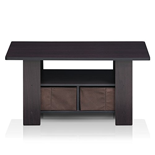 Image of Furinno Andrey Coffee Table with Bin Drawer, Dark Walnut | 2x Bin Drawers, Soft-Corner, Rectangular Side Table for Living Room, Bedroom, Home Office