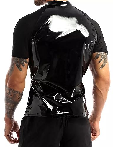 Image of AIEOE Men's Leather Metallic Shirts Shiny Slim Fit Stretch Top Wetlook Club Party Undershirts