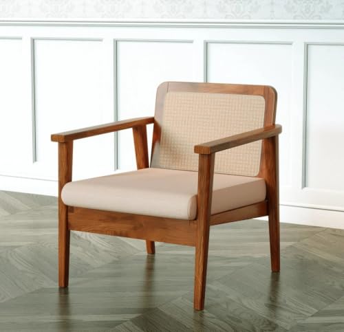 Image of LSGF Mangz Wooden Lounge Chair with Rattan Cane Back | Solid Wood Accent Chair with Cushion | Mid Century Modern Armchair for Living Room, Bedroom & Office (Natural Teak)