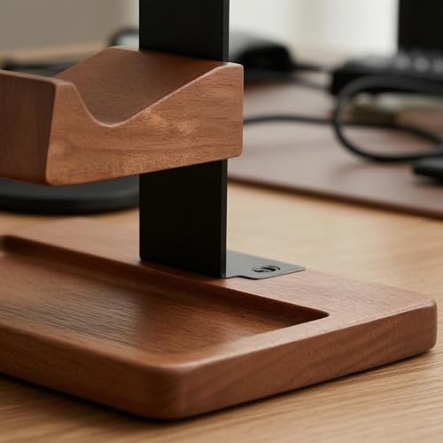 Image of Wood and Metal Headset Stand with Storage Tray Two Shelves Headphone Stand with Tray Curved Hanger Desktop Headphone Holder Sturdy for Gamers, Gaming Setup, as Shown
