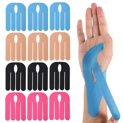 12pcs Precut Kinesiology Tape for Wrist, Breathable Waterproof Athletic Sports Patches for Muscle & Joint Support Stickers Strips in Bowling Baseball Tennis