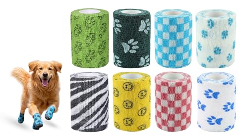Image of Dog Bandage Cohesive Wrap for Paw & Leg | 7.5cm x 4.5m - Pack of 8 | Easy Tear, Fur Safe | Self Adhesive Elastic Vet Tape for Walking Protection, Wound Care & Licking Prevention Bandage Roll