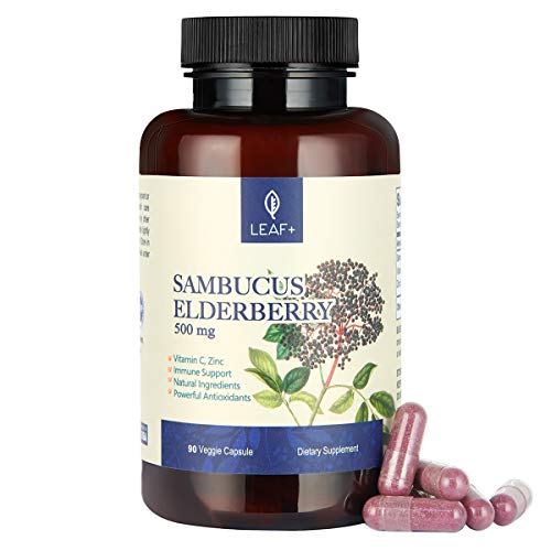 Elderberry Capsules, LEAF+ 90 Capsules Sambucus Elderberry 500mg with Vitamin C & Zinc for Adults 3-in-1 Immune Support | Sambucus Elderberry Immune Booster | Non-GMO, Gluten Free