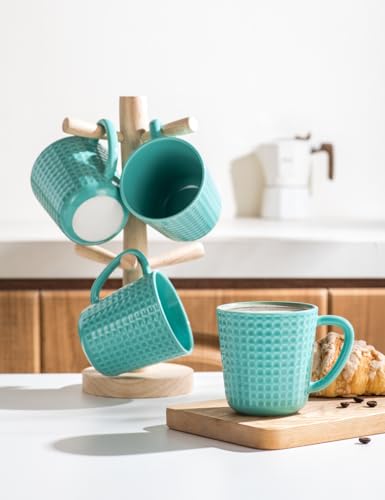 15 oz Waffle Embossed Ceramic Coffee Mugs Set of 4 - Microwave & Dishwasher Safe Ceramic Coffee Cups with Handle for Latte Cappuccino Tea Stoneware Mugs Set Housewarming Wedding Gift (Turquoise)