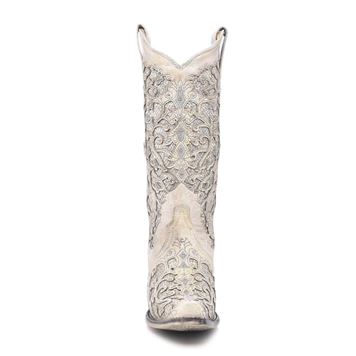 Corral Women's 13-inch White/Green Glitter Inlay & Crystals Pull-On Cowboy Boots - Sizes 5-12 B3