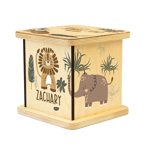 Personalized Wooden Piggy Bank for Kids and Adults, Gifts Handmade in USA by BloomOwl, Custom Coin Bank, Personalized Banks for Kids, Gifts for Baby Boys and Girls (Earthy Jungle)