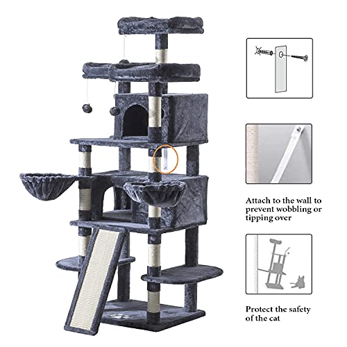 Imusee 68 Inches Multi-Level Large Cat Tree For Large Cats/Big Cat Tower With Cat Condo/Cozy Plush Cat Perches/Sisal Scratching Posts And Hammocks/Cat Activity Center Play House/Smoky Grey #TOP4