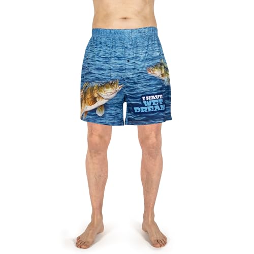 BRIEF INSANITY Comfortable Loose Fit Boxer Shorts | Funny Outdoors Fishing Lake Bass Print Boxer Short Bottoms - Soft, Comfy Loungewear Pants (I Have Wet Dreams, Large)