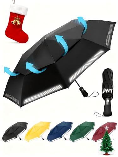 Chakipee Paraguas Plegable Antiviento Automatico Reflectante Negro Resistente Al Viento con Doble Cubierta Compacto para Mujer y Hombre Paraguas de Viaje 8 Varillas