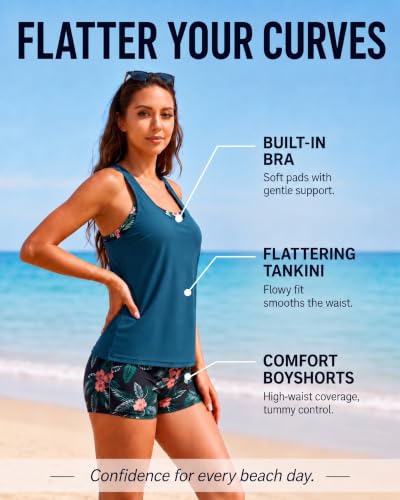 Image of Women's 3 Piece Tankini Swimsuit Tummy Control Bathing Suit with Boy Shorts