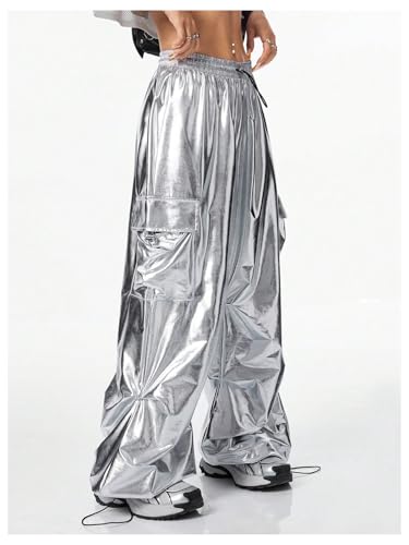 SHENHE Women's Y2k Metallic Cargo Pants Wide Leg Baggy Hip Hop Dance Rave Joggers Trousers4