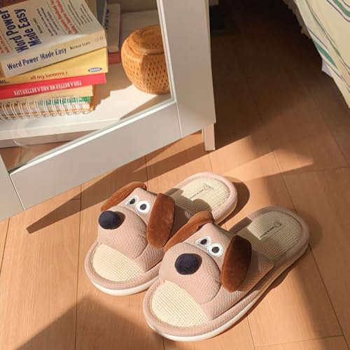 Dog Slippers for Women Man Open Toe Indoor Linen Slippers Four Seasons Cartoon Dog Animal Slides Sandals Comfy Outdoor Non-Slip Home Shoes(40/41 EU, Khaki)2