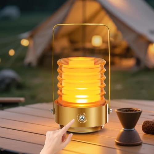Image of NYRWANA Lantern Rechargeable Glass Table Lamp | 2000mAh Battery | USB-C Charging | Touch Control | Stepless Dimming | Warm LED Bedside Portable Lamp for Bedroom, Living Room, Home Decor (Metal)