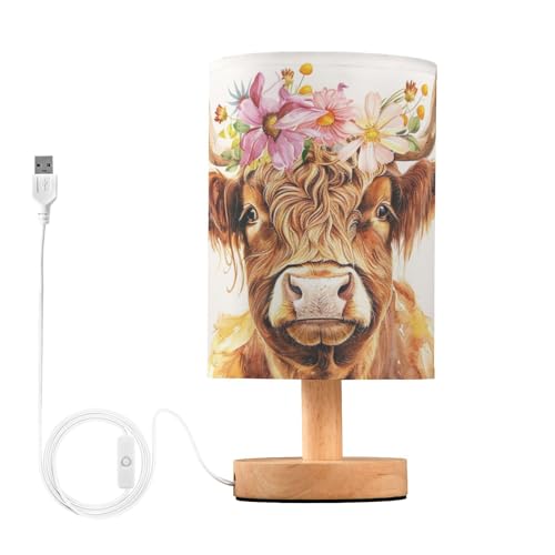 Image of Oarencol Bedside Table Lamp Cute Highland Cow Flowers Nightstand Lamp with Wood Desk Lamps for Bedroom Living Room Nursery Office Home Decor