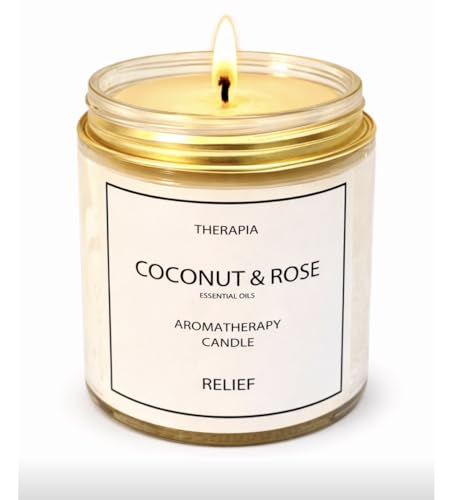 Image of Therapia Stress Relief Coconut & Rose Essential Oil Candle I200gms Handpoured Soy Candles |More Than 12hrs of Burning|Aromatherapy Gifts for Stress Relief, Relaxation and Home Spa