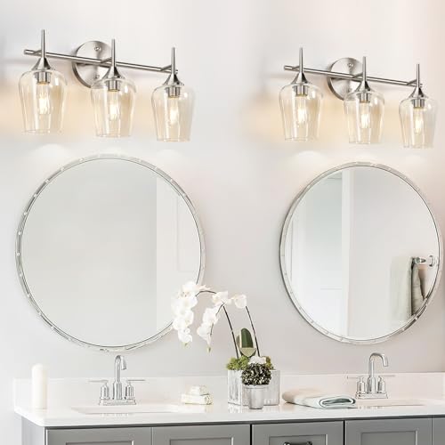 Image of MOKATNG 3-Light Bathroom Light Fixtures, 19.5 in Brushed Nickle Vanity Lights for Bathroom with Clear Glass, Bathroom Lighting Fixtures Over Mirror, Modern Wall lamp for Cabinet Hallway