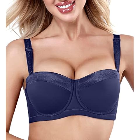 VSEISNOO Women Sexy Padded Underwire Multiway Strapless Push up Bra for Women Plus Size Balconette Bra Navy Cover