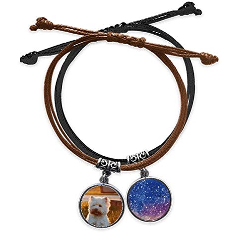 Pulsera de cuero con diseño de perro blanco sobre cuerda ajustable para hombre y mujer