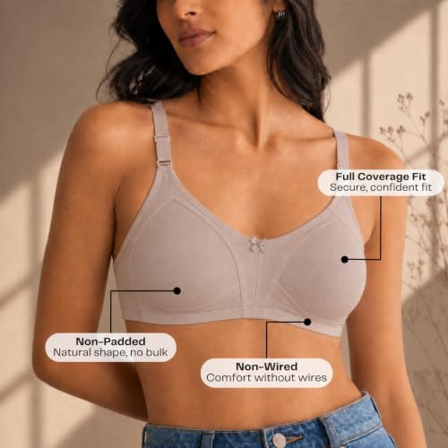 Image of INKURV Seamless Bra for Women Full Coverage | Cotton Hosiery T-Shirt Brassiere - Non Padded Wireless Lift for Everyday Wear| Moulded Cups for Chest Lifting- SAGE