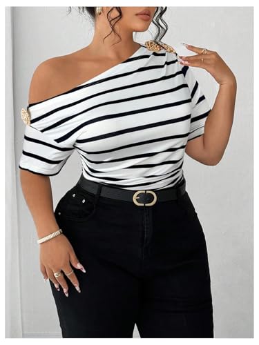 SOLY HUX Women's Plus Size Striped T Shirt Off The Shoulder Short Sleeve Ruched Tee Summer Tops3