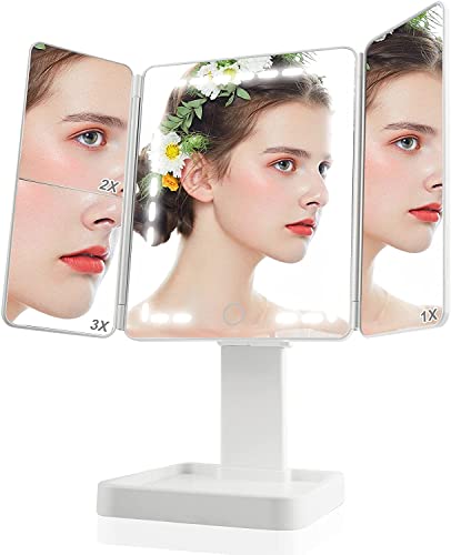 CORESLUX Miroir de Maquillage avec éclairage LED, grossissement 1x, 2X, 3X, Double Alimentation Miroirs avec écran Tactile pour Gradation, Compartiment de Rangement, Double Alimentation (Blanc) Cover