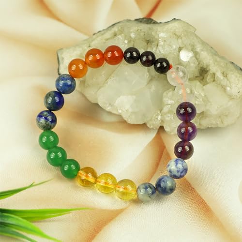 Reiki Crystal Products Certified Natural 7 Chakra Bracelet 8 mm Citrine Sodalite Jade Aventurine Lapis Lazuli Carnelian Garnet Amethyst Clear Quartz 8mm Round Beads Bracelet For Unisex Adult, 8 mm,