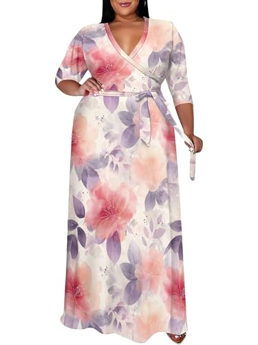 Image of SUZONANA Plus Size Maxi Dresses for Curcy Women Casual Loose 3 /4 Sleeve Long Dress with Belt