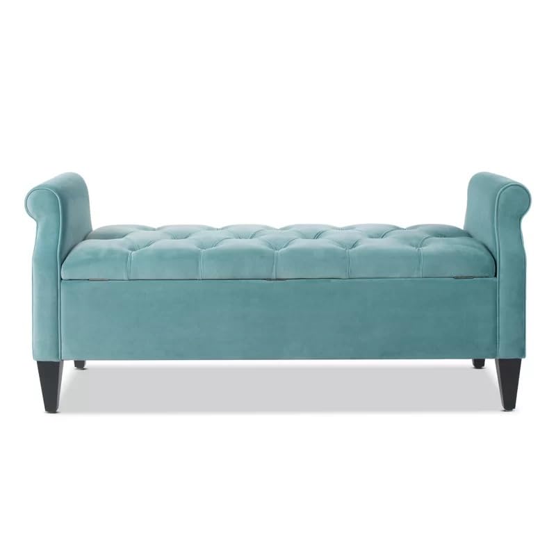 Image of Velvet Storage Ottoman Bench with Rolled Arms | Tufted Upholstered Sofa Bench with Hidden Storage | End of Bed Bench for Bedroom Living Room Entryway Seating | Modern Lounge Footrest Seat|Teal Green