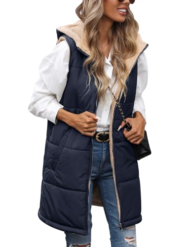 Womens Fall Reversible Vests Sleeveless Fleece Hoodie Jacket Zip Up Winter Warm Hooded Long Coat Outerwear with Pockets