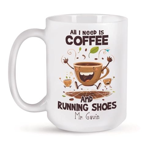 Funny Coffee And Running Shoes Ceramic Mug, Customized Name Novelty
