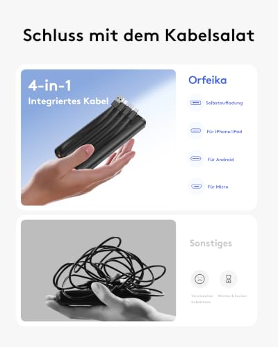 Orfeika Power Bank 10000mAh, Powerbank mit 4 integrierten Kabeln – Ansicht 3