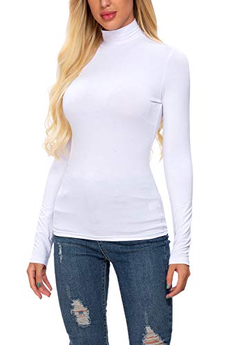 Women's Long Sleeve Layering Turtleneck Shirt Lightweight Pullover Basic Tee Top White