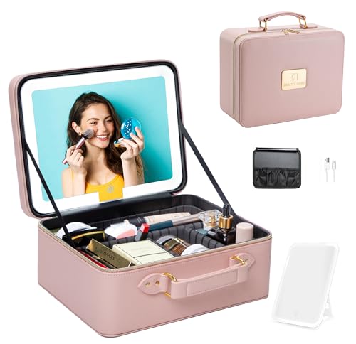 Makeup Bag with LED Mirror, Portable Makeup Artist Organizer Case with Lighted Mirror, Travel Makeup Bag for Women Cosmetic Brush Holder Storage, Pink Makeup Gift for Girls2